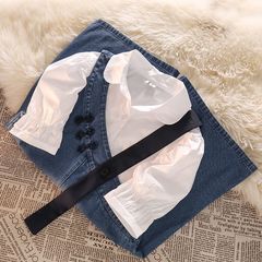 2024 New Style Mid-to-Large Kids' Western-style Fashionable Denim Suspender Skirt Pants and Shirt Two-piece Set