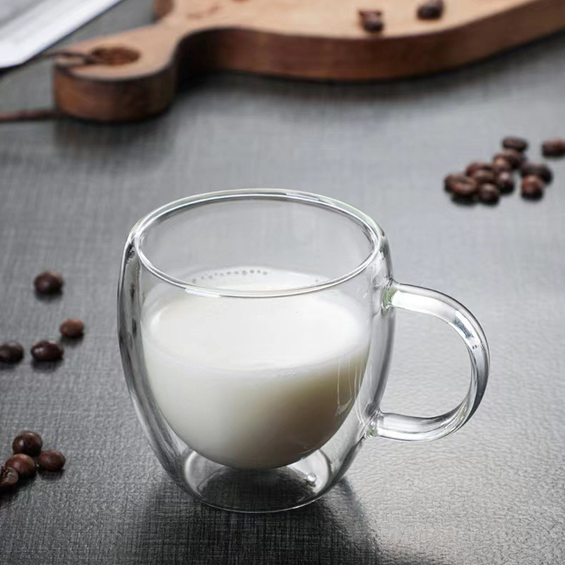 Taza de café de vidrio con borosilicato en forma de huevo con asa Taza de desayuno universal simple Taza de vidrio doble resistente al calor para el hogar
