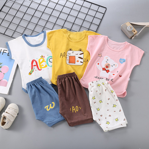 Children's short-sleeved suit Korean version 2024 new summer girls pure cotton T-shirt boys shorts baby children's clothing wholesale