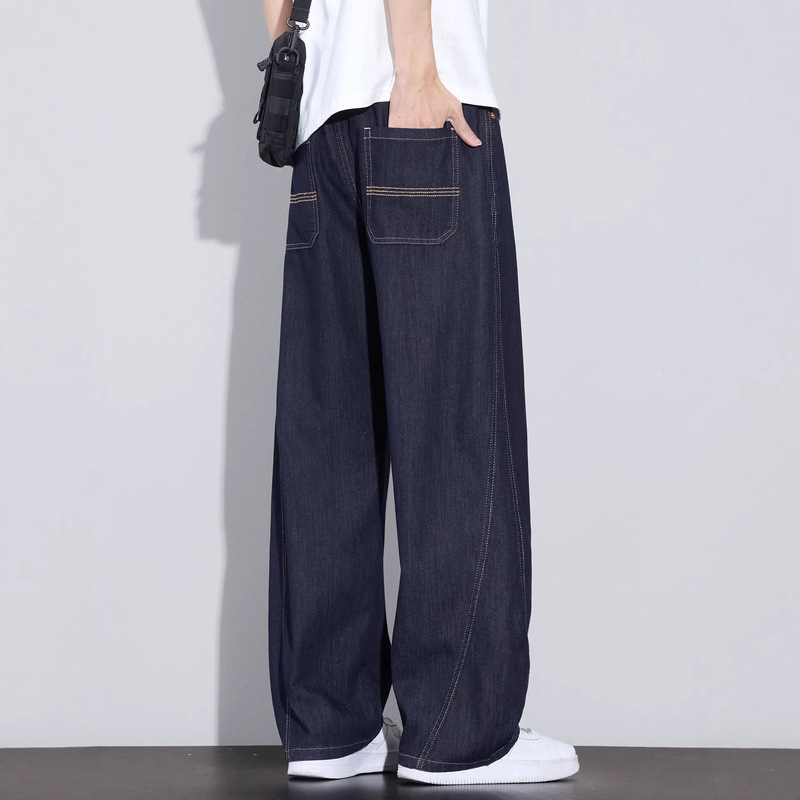 Original Color Curved Hem Jeans for Men, 2026 Summer New Style, Tencel Loose Straight American-Style Trendy Casual Long Pants