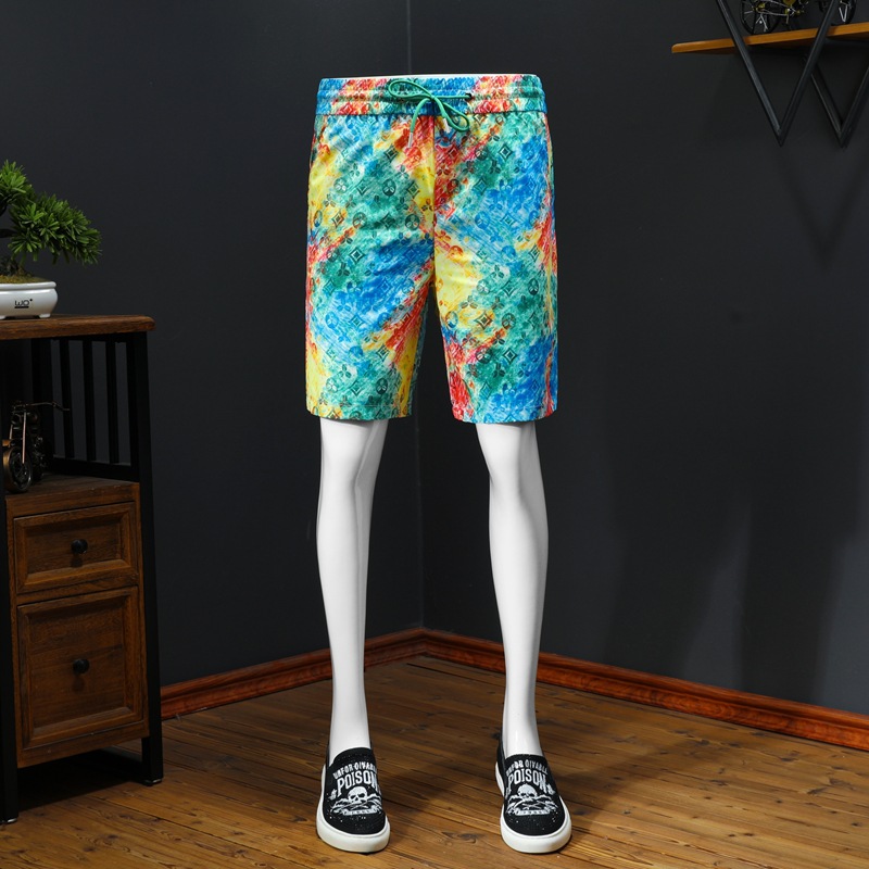 European Goods 2025 Summer New Men's Fashion Casual Shorts Printed Lace-Up Elastic Large Size Beach Pants