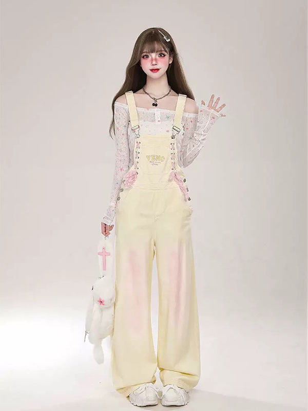 多巴胺渐变带奶fufu背带裤女春夏美式复古甜酷辣妹连体牛仔背带裤|undefined