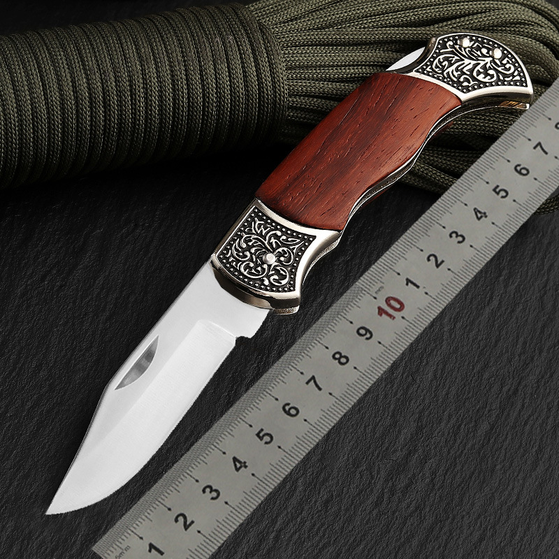 仿古木柄户外折叠刀高硬度防身折刀野营求生多用途折刀