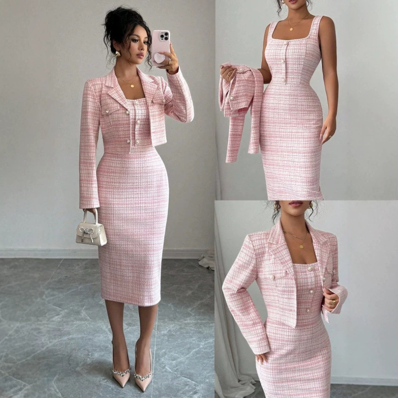Chanel-Style Pink Skirt Set, Elegant and Slim-Fitting, Casual Everyday Wear, Amazon Dropshipping Set