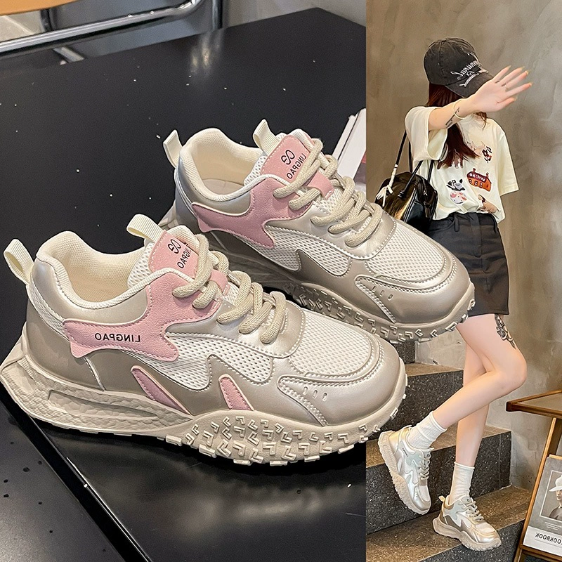 Спортивные кроссовки для женщин 2025 года, сетчатые, с цветовым сочетанием, на толстой подошве, в стиле колледжа, дышащие, повседневные.