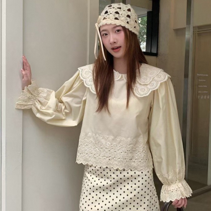 Korean Dongdaemun Spring Vintage Embroidered Lace Court-Style Double-Layer Lace Doll Face Flared Sleeve Blouse for Women