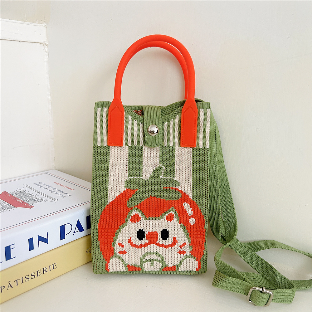 108g Weight Polyester Lining Material Buckle Closure Type Top Handle Strap Type Handbag Bags Type Casual, Daily Occasion Knit Material Cat Pattern All Seasons Season Women's Gender Vintage Style, Classic Style Style Bucket Shape Small Size Women's Small Knit Cat Vintage Style Classic Style Bucket Buckle Handbag 14