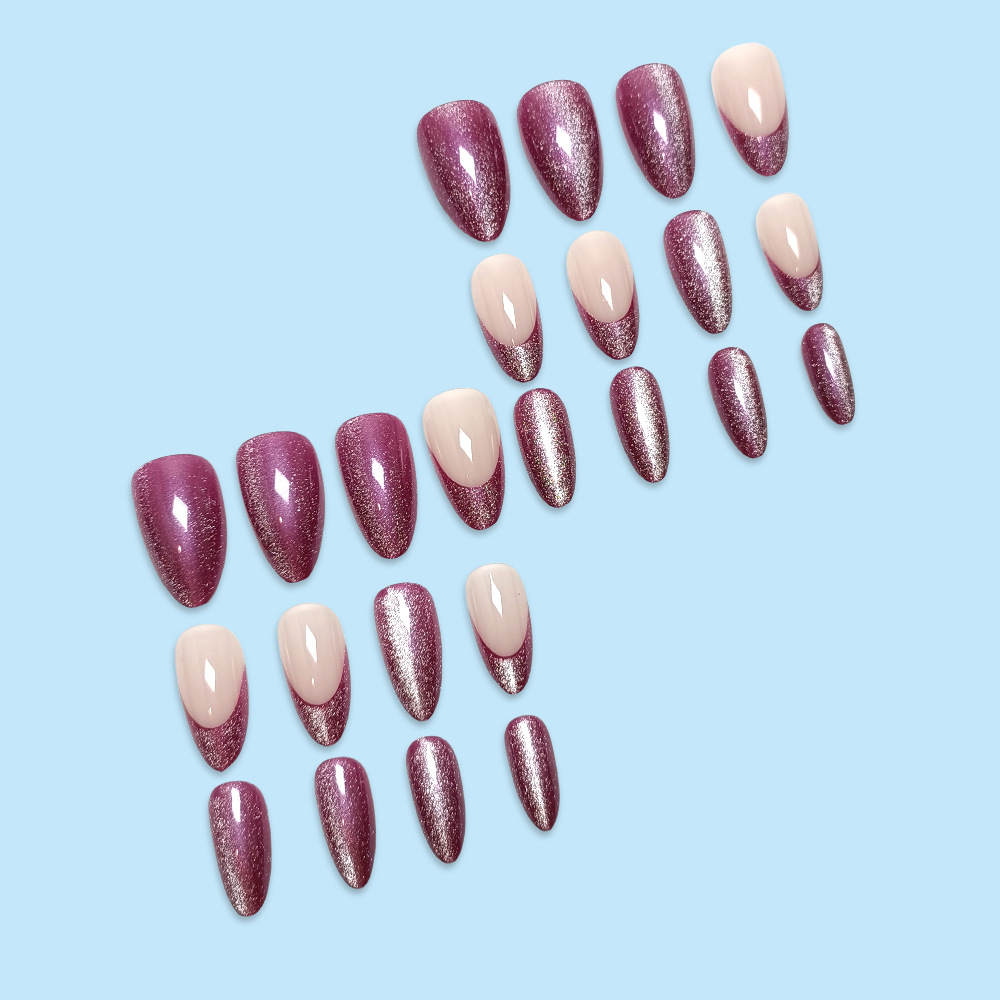 Puntas de Uñas Postizas Moradas Ojo de Gato, Elegantes y Duraderas, con Forma de Almendra, para Manicura Suave, Set de 24 Piezas, Puntas de Uñas Transfronterizas