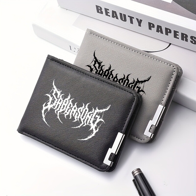 Supports custom designs - Dark Gothic style font print short wallet with cross pattern PU men's folding wallet Supports custom designs - Dark Gothic style font print short wallet with cross pattern PU men's folding wallet