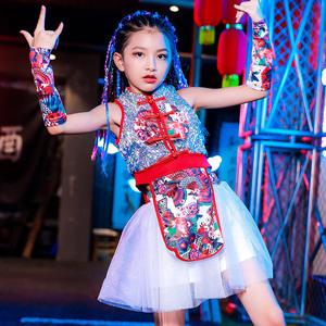Children girls boys hiphop rapper jazz dance dress girl children china dragon style clothing model suit children runway shows the tide of fashion