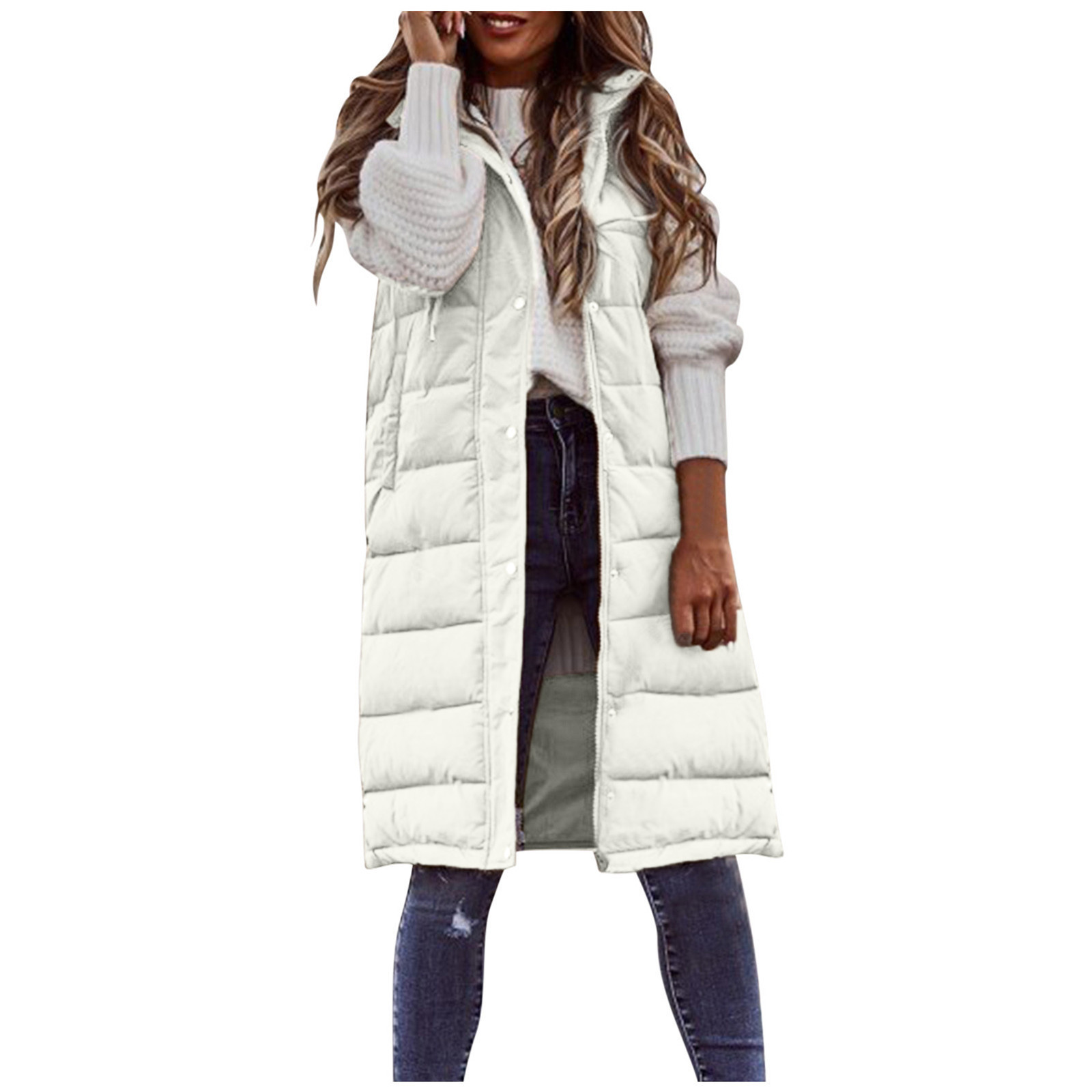 Damenbekleidung, einfarbige, einreihige Weste aus Baumwolle mit Kapuze, mittellang, schmal geschnittene Strickjacke_voghion.com