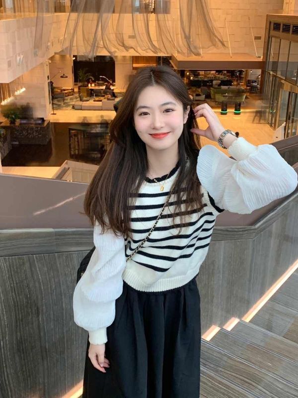 春款女装条纹针织毛衣女款2025新款春季穿搭气质针织衫假两件上衣|undefined