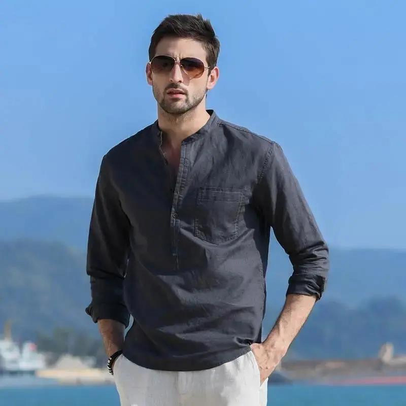 Foreign Trade Spring and Summer New Henry Shirt Shirt Long-sleeved Men's Solid Color Pure Cotton Beach Shirt Casual New Chinese-style Shirt for Men