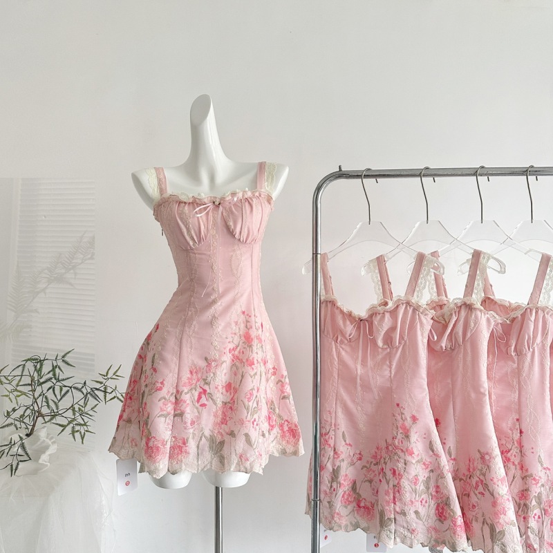 "Xinxing" Lace-Up Drawstring Printed Embroidered Waist-Slimming Suspender Dress for Women, Sweet Summer Dress "Xinxing" Lace-Up Drawstring Printed Embroidered Waist-Slimming Suspender Dress for Women, Sweet Summer Dress