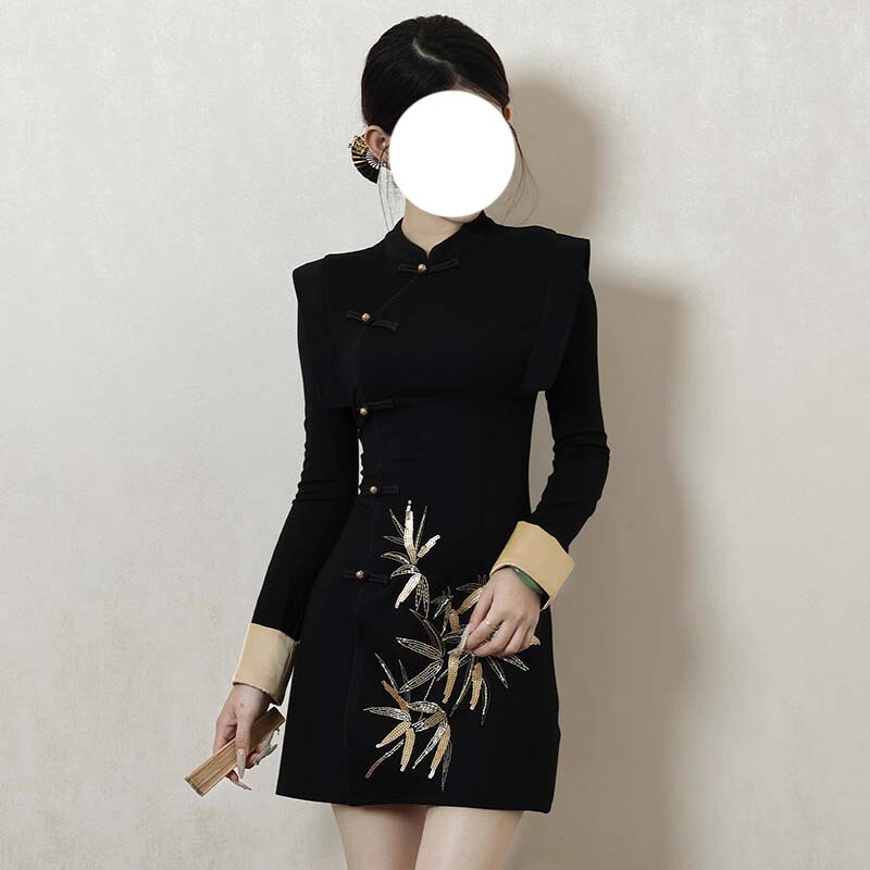 Black New Chinese Style Improved Cheongsam Dress Women's Autum Short Skirt Sequin Design Classy Dress Skirt