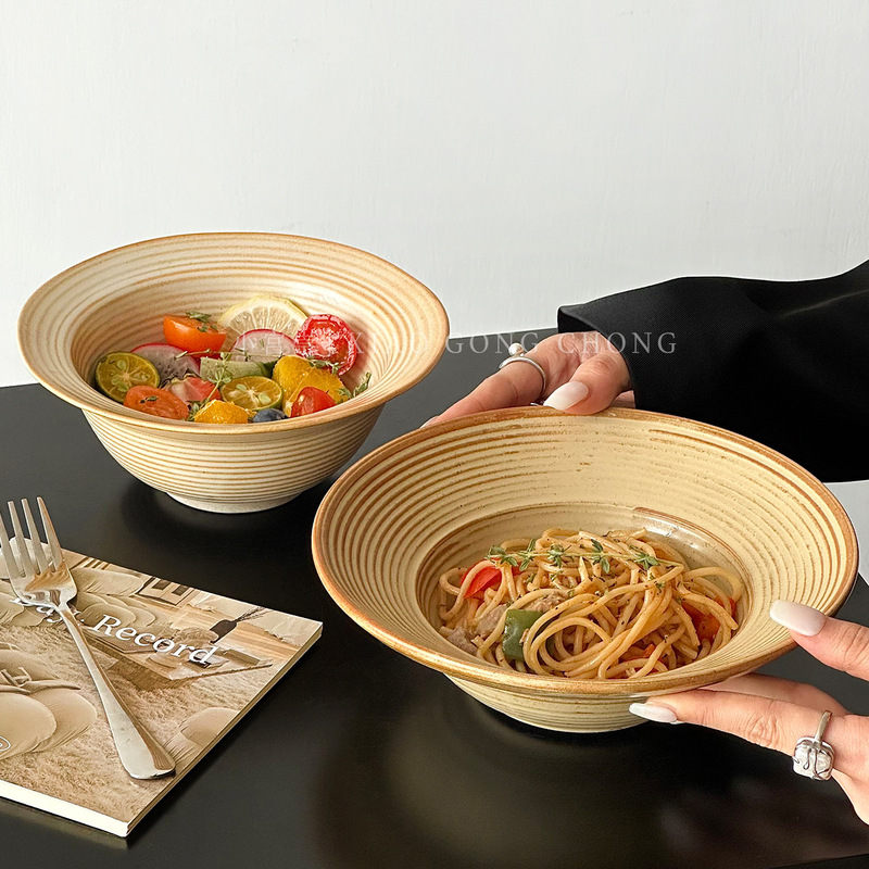 Japanese-Style Rustic Wide-Rim Bowl for Pasta, Fruit Salad, Vintage Dessert Straw Hat Bowl, Breakfast Cereal Snack Bowl Japanese-Style Rustic Wide-Rim Bowl for Pasta, Fruit Salad, Vintage Dessert Straw Hat Bowl, Breakfast Cereal Snack Bowl