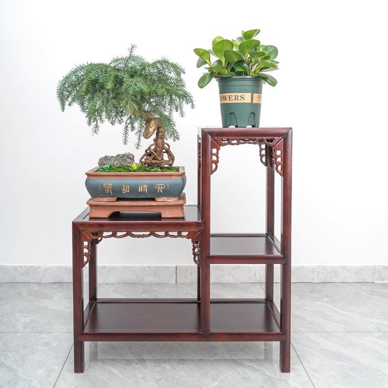 中式老榆木实木花架子高低架多层盆景架组合室内木质花架连体花架