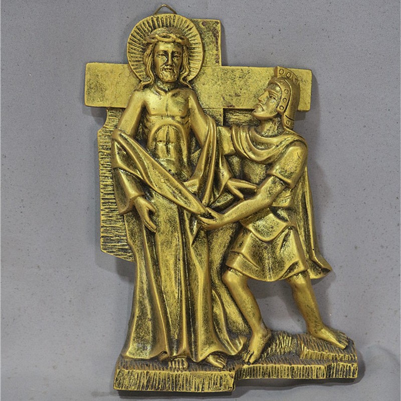 Pieza Decorativa Colgante de 22*35cm con las Catorce Estaciones de la Cruz, Decoración para Sala de Estar e Iglesia, Estatua Blanca Vintage de Imitación de Cobre
