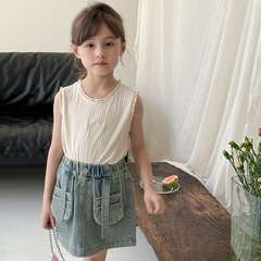Kids' Summer Butterfly Bow Sleeveless T-shirt with Lace Edge Base T-shirt for Girls in Korea 2024