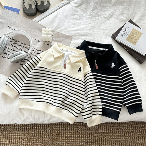 Children's Sweatshirt Autumn New Unisex Zip Polo Collar Long Sleeve Striped Patchwork Versatile Top