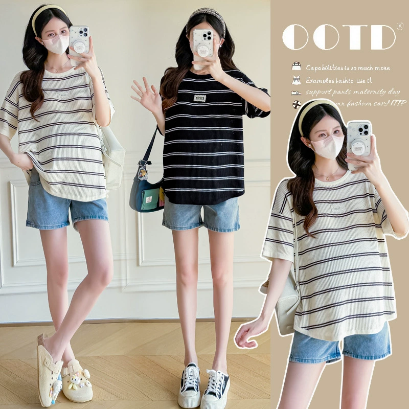 2025 беременные летние модные новые трикотажные с короткими рукавами в полоску