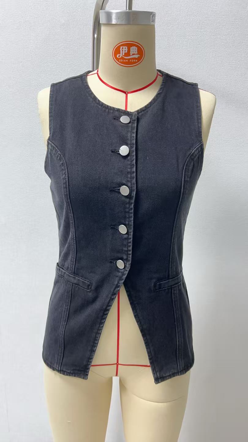 262g Weight Sleeveless Sleeve Length Single Breasted Placket Type Polyester, Denim Fabric Type Regular Top Length Vest Tops Type Holiday, Travel, Daily Occasion Round Neck Neckline Slim Fit Type Solid Color Pattern Summer Season Women's Gender Streetwear Style Wholesale Women's Streetwear Solid Color Sleeveless Tank Tops 7