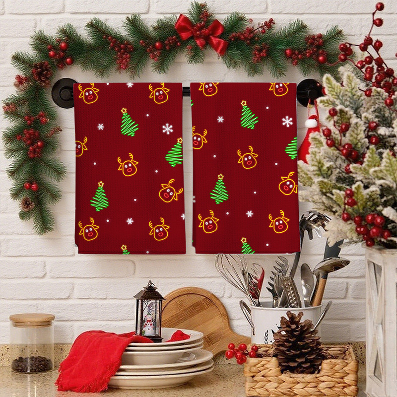 Kitchen Household Christmas Large Waffle Printed Towel Bathroom Holiday Decoration Thickened Kitchen Towel Cloth