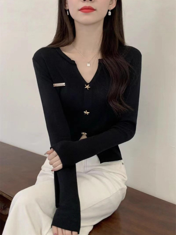 黑色毛衣短款女装氛围感穿搭2025早初秋季外搭小香风长袖针织上衣|undefined