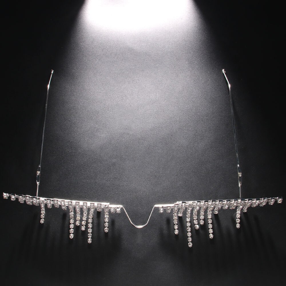 2023 nuevo rhinestone gafas marco personalidad europea y americana hip hop estilo borla cara joyería danza accesorios cadena