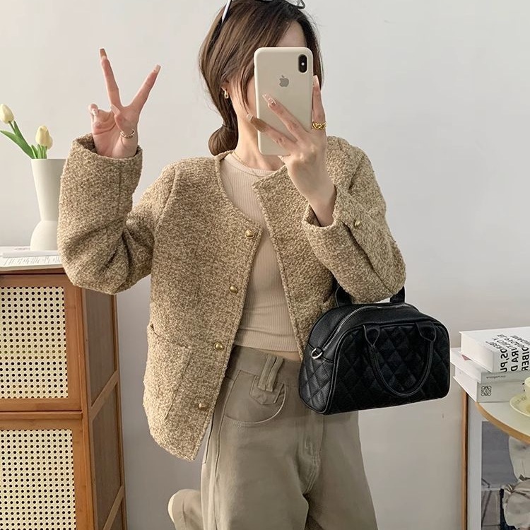 编织粗花呢小香风短外套女2025春秋感小个子圆领垫肩上衣|undefined