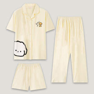 Summer Couple Cool Pure Cotton Pajamas Women's Short-sleeved Trousers Men's Suit Loose Three-piece Home Clothes without Side Seam