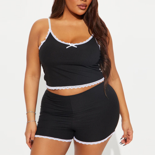 European and American cross-border sexy spaghetti strap pajamas for women, summer lace-edged sleeveless shorts, two-piece home wear pajamas