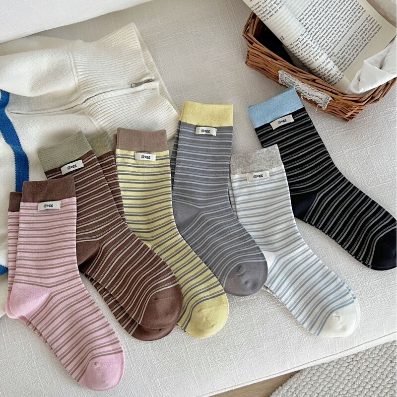 Versatile Miu Series Sports Slouch Socks Mid-Tube New Striped Korean Ins College Style Color-Blocking Trendy Patchwork Cotton
