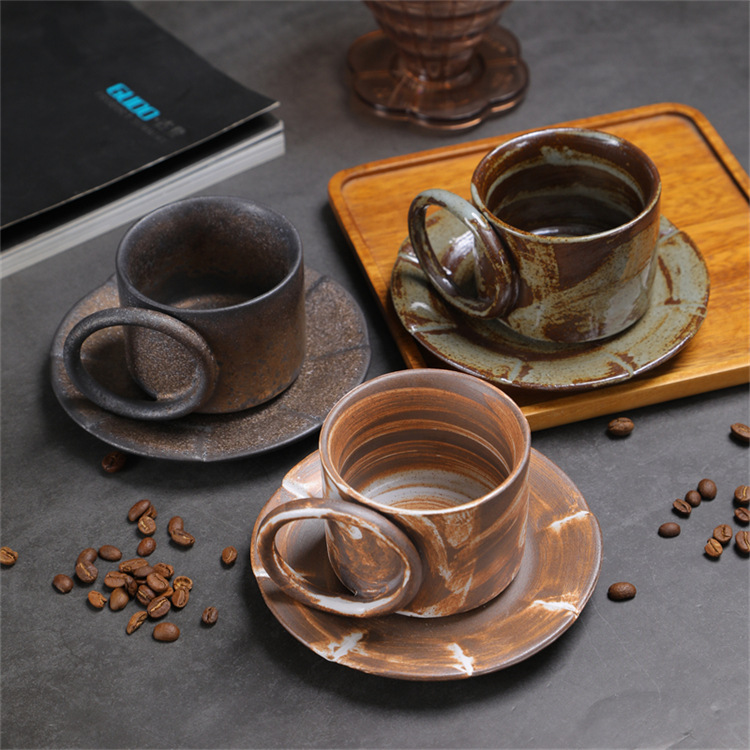 Hammered Ceramic Coffee Cup Set With Vintage Saucer For Espresso_voghion.com