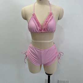 跨境粉红色少女泳衣爆款优质流行三点式比基尼