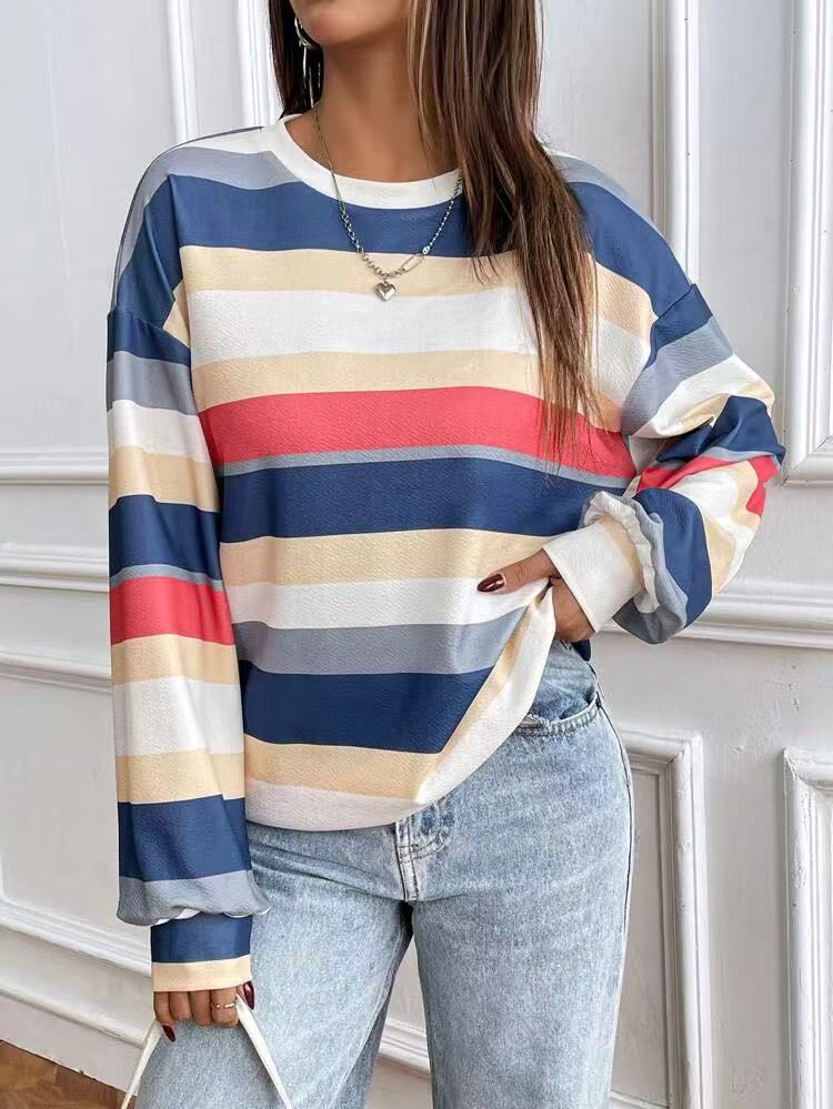 's New Cross-border Loose Striped Long-sleeve T-shirt For Women, Korean Style Versatile Top_ecoleips.com