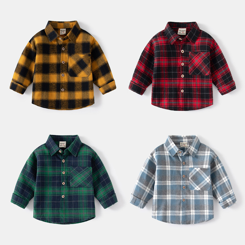New Plaid Long-Sleeved Shirt for Children and Middle-Aged Children, Spring Lapel Comfortable Cotton Shirt, Korean Style Handsome Boy's Shirt New Plaid Long-Sleeved Shirt for Children and Middle-Aged Children, Spring Lapel Comfortable Cotton Shirt, Korean Style Handsome Boy's Shirt