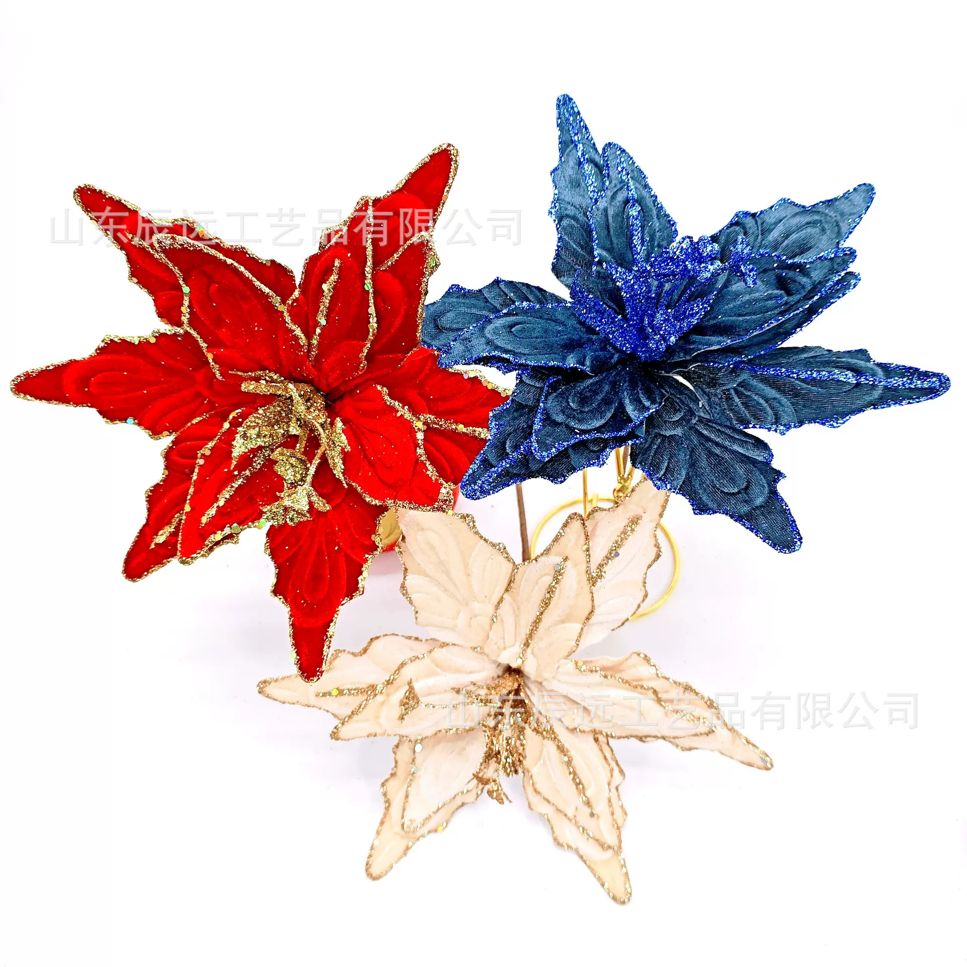 跨境热销高档26CM圣诞花红色金色亮片绒布仿真假花圣诞树装饰插枝