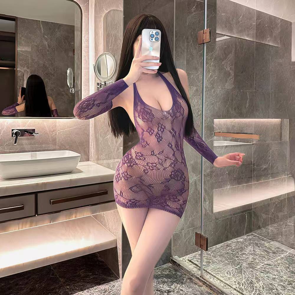 Purple See-Through Hollow-Out Lingerie Set with Open-Crotch Tear-Off Bodycon Skirt — detail image 1