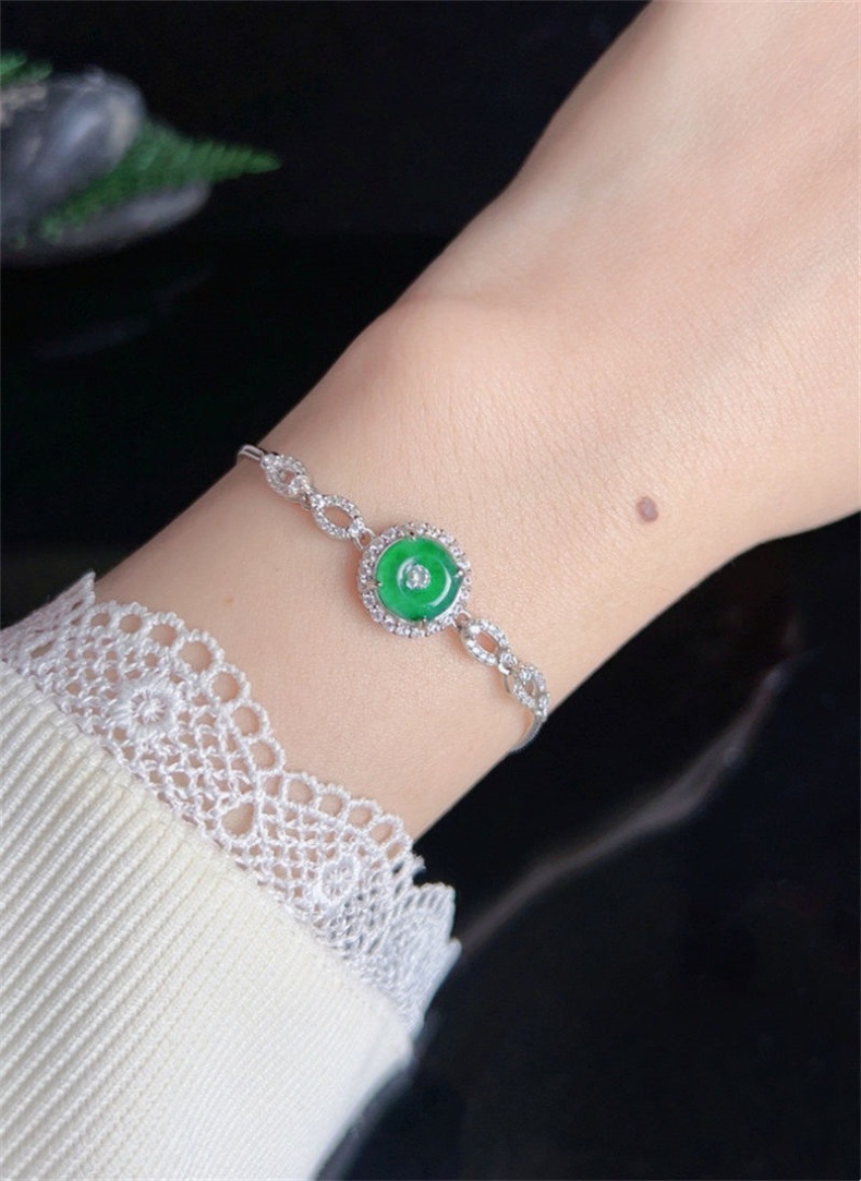 Vòng tay đá ngọc bích tự nhiên A hàng băng chủng mặt trứng cắt S925 bạc xi mạ vàng họa tiết hồ lô chi tiết 38