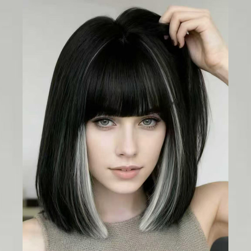 Cross-Border Wig Bobo Style with Highlights, Short Straight Hair for Women, with Bangs, High-Temperature Fiber, Medium-Length Hairpiece, European and American Style Wig Cross-Border Wig Bobo Style with Highlights, Short Straight Hair for Women, with Bangs, High-Temperature Fiber, Medium-Length Hairpiece, European and American Style Wig