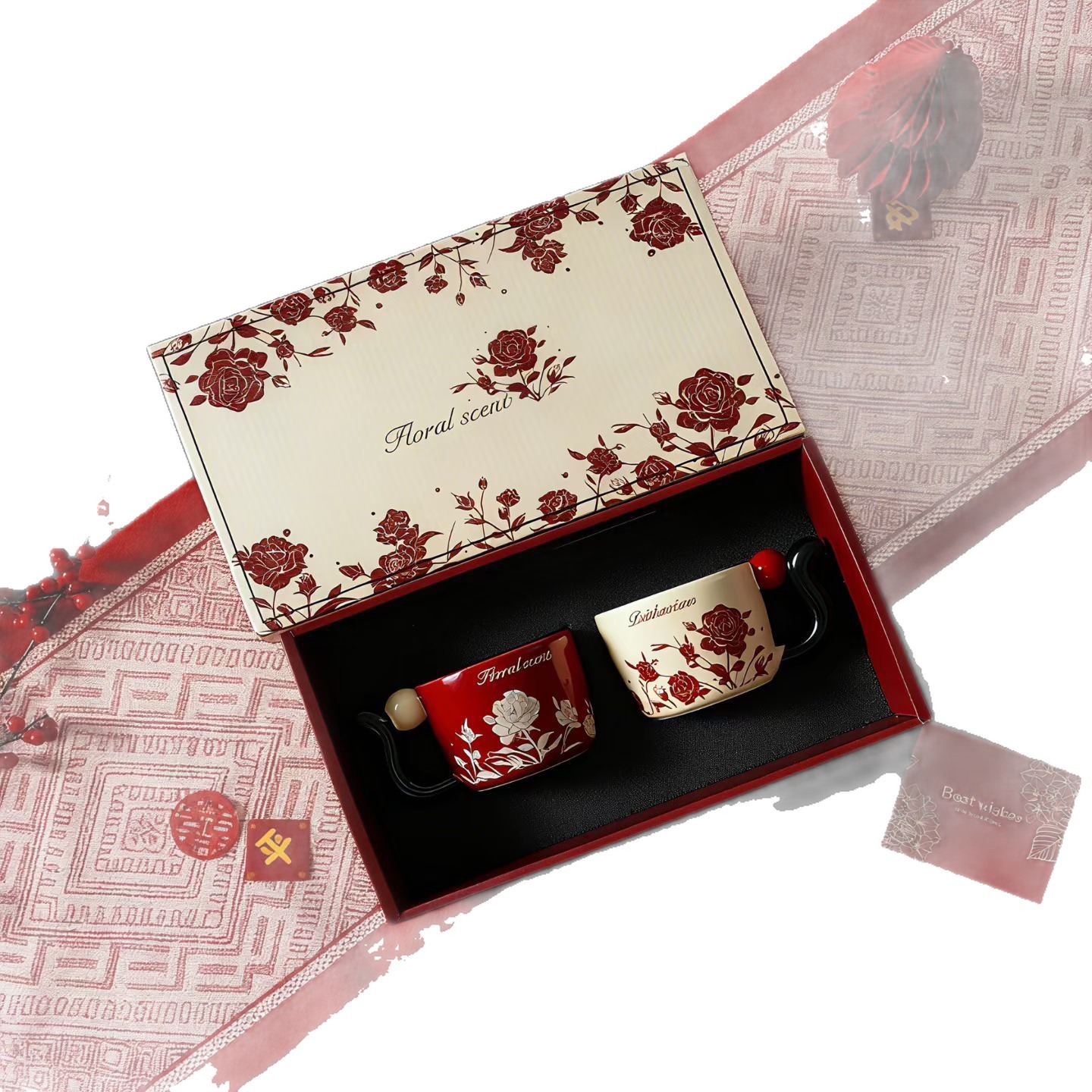 Personalidad creativa pareja taza de cerámica de alto valor de cara flor caja de regalo de taza de café de lujo ligera taza de agua potable transfronteriza