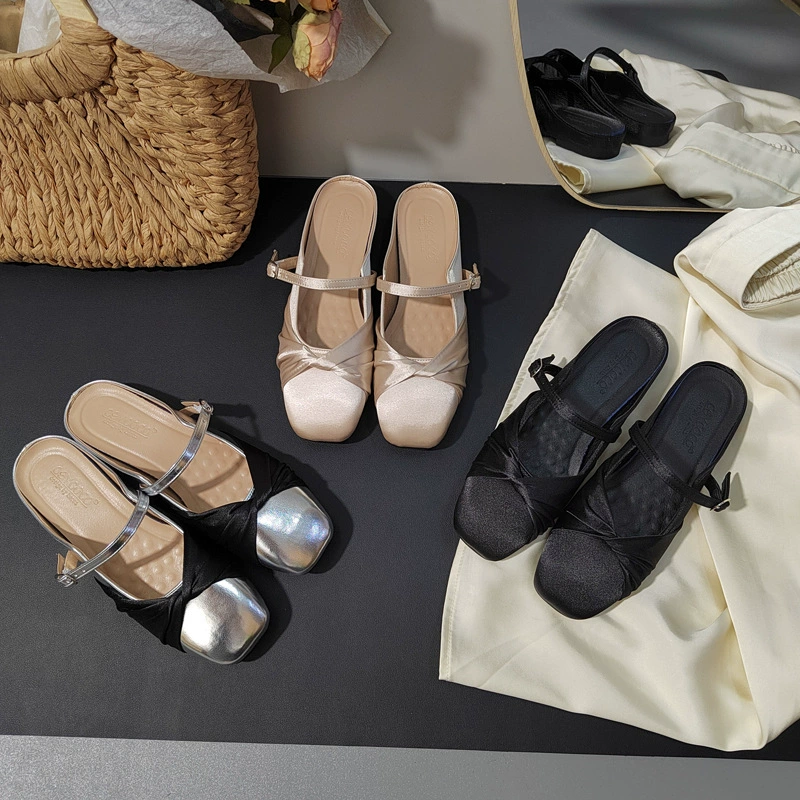 Французские женские туфли-лодочки из атласа в стиле «нежная фея», удобные и универсальные, на плоской подошве, без застежек.