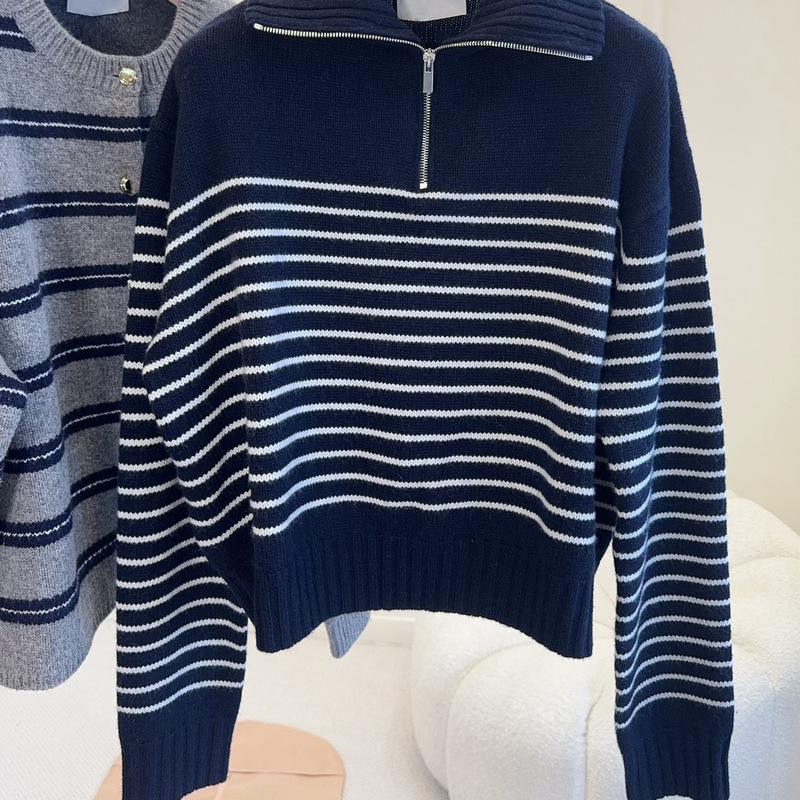 Non-Market Goods Shenzhen Nanyou Classy European Women's Clothing m Family Navy Blue Stripesd Half-Zip Wool Long-Sleeved Sweater