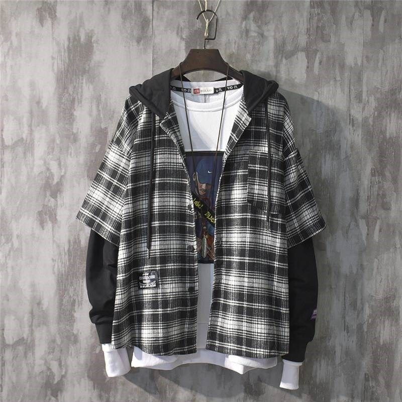 Plaid Shirt Sweatshirt for Men, Spring and Autumn New Style, Student Korean Version, Loose Trendy Hooded Long-Sleeve Fake Two-Piece Jacket