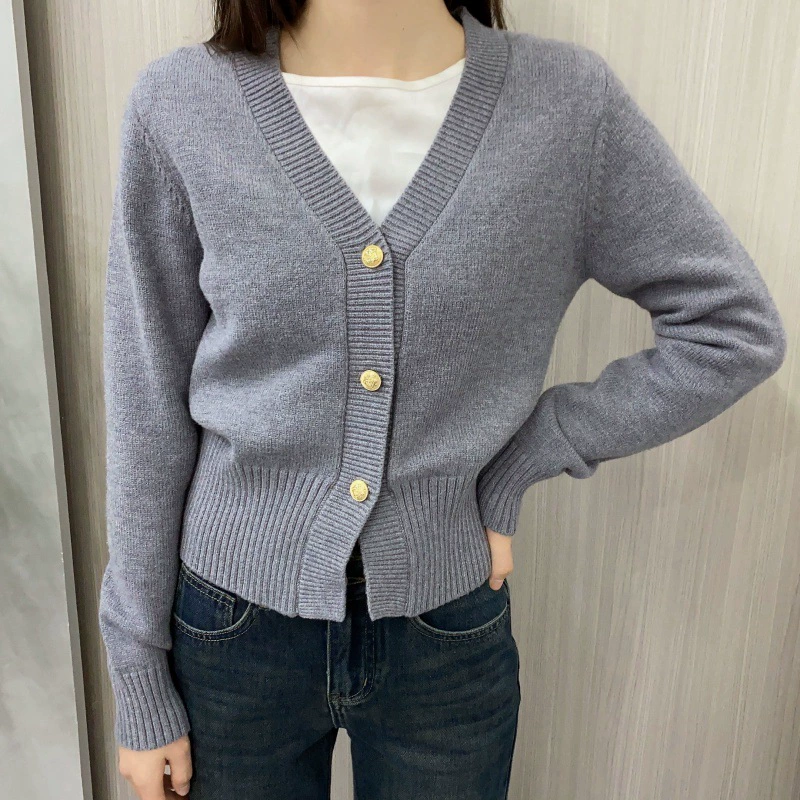 Коротый свитер, жакет, вязаный кардиган, тёплый длинный рукав, стиль Chanel, V-образный вырез