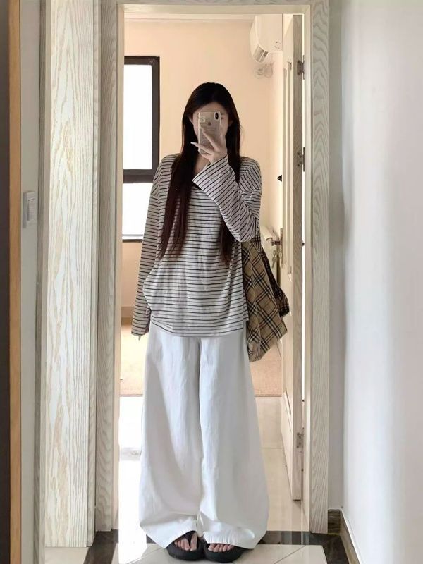 美式复古u领条纹长袖t恤女早秋新款宽松显瘦松弛慵懒防晒罩衫上衣|undefined