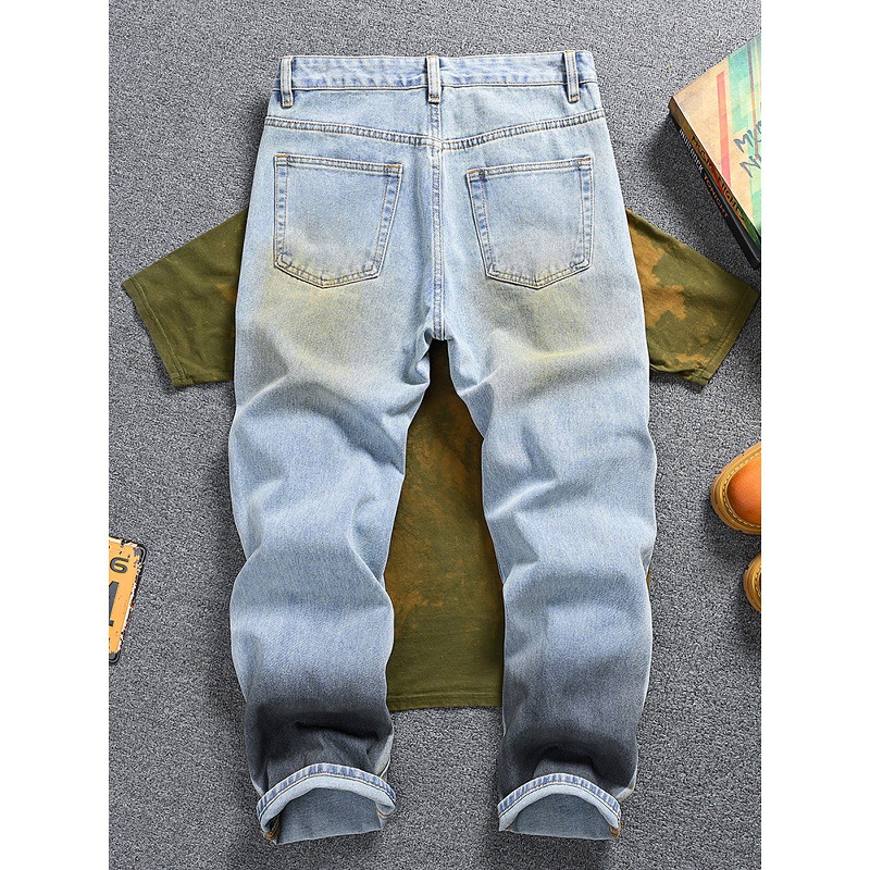 Men's Vintage Washed Jeans - Relaxed Straight-Leg High Street Denim Pants With Wave Crease Design, Light Blue_mkmklike.com