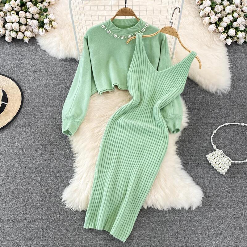 French elegant socialite beaded high waist two-piece sweater skirt 2023 autumn and winter New knitwear vest dress French elegant socialite beaded high waist two-piece sweater skirt 2023 autumn and winter New knitwear vest dress