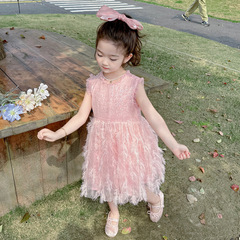 新款女童連衣裙夏季兒童網紗裙2024新款舒適透氣蓬蓬裙寶寶羽毛裙